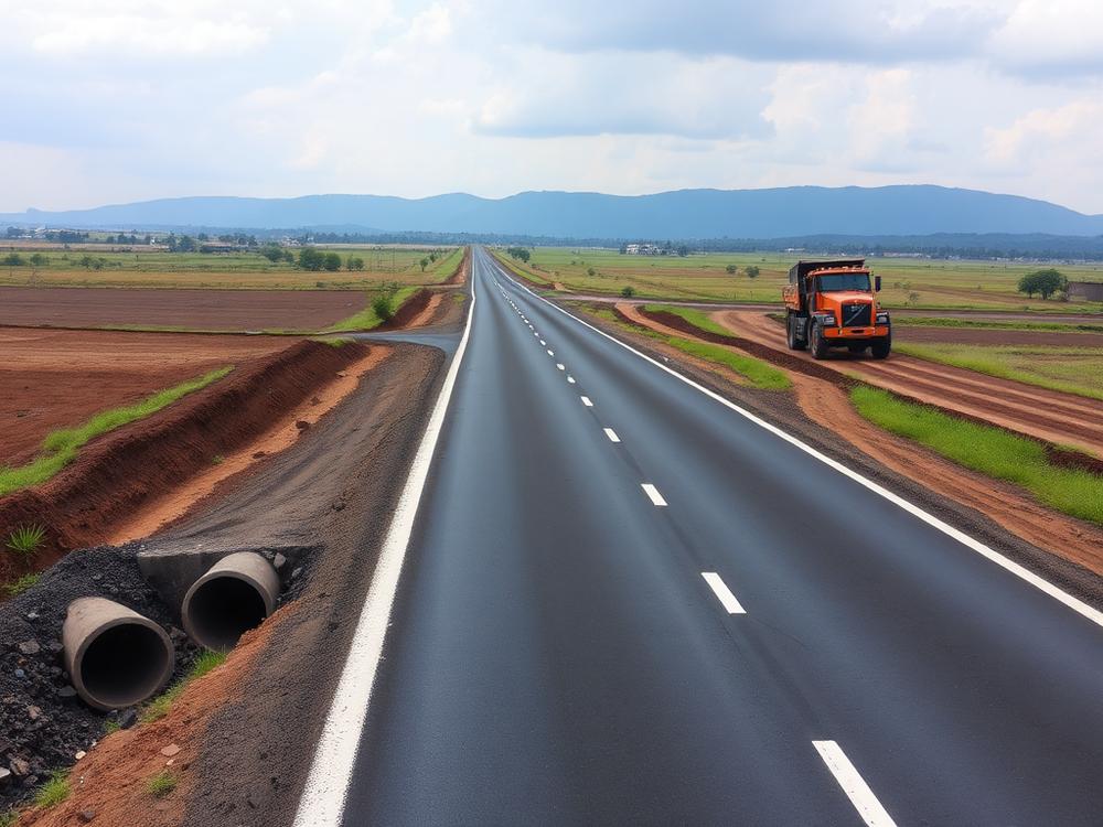 Newly surfaced access road with concrete drainage culverts